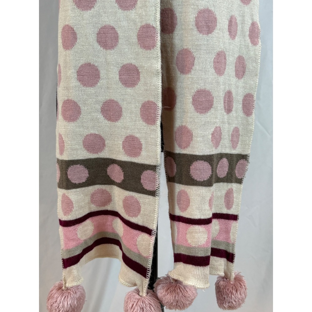 Joe Boxer Pink Polka Dot Striped Knit Scarf with Pom Poms OSFM Reversible Winter